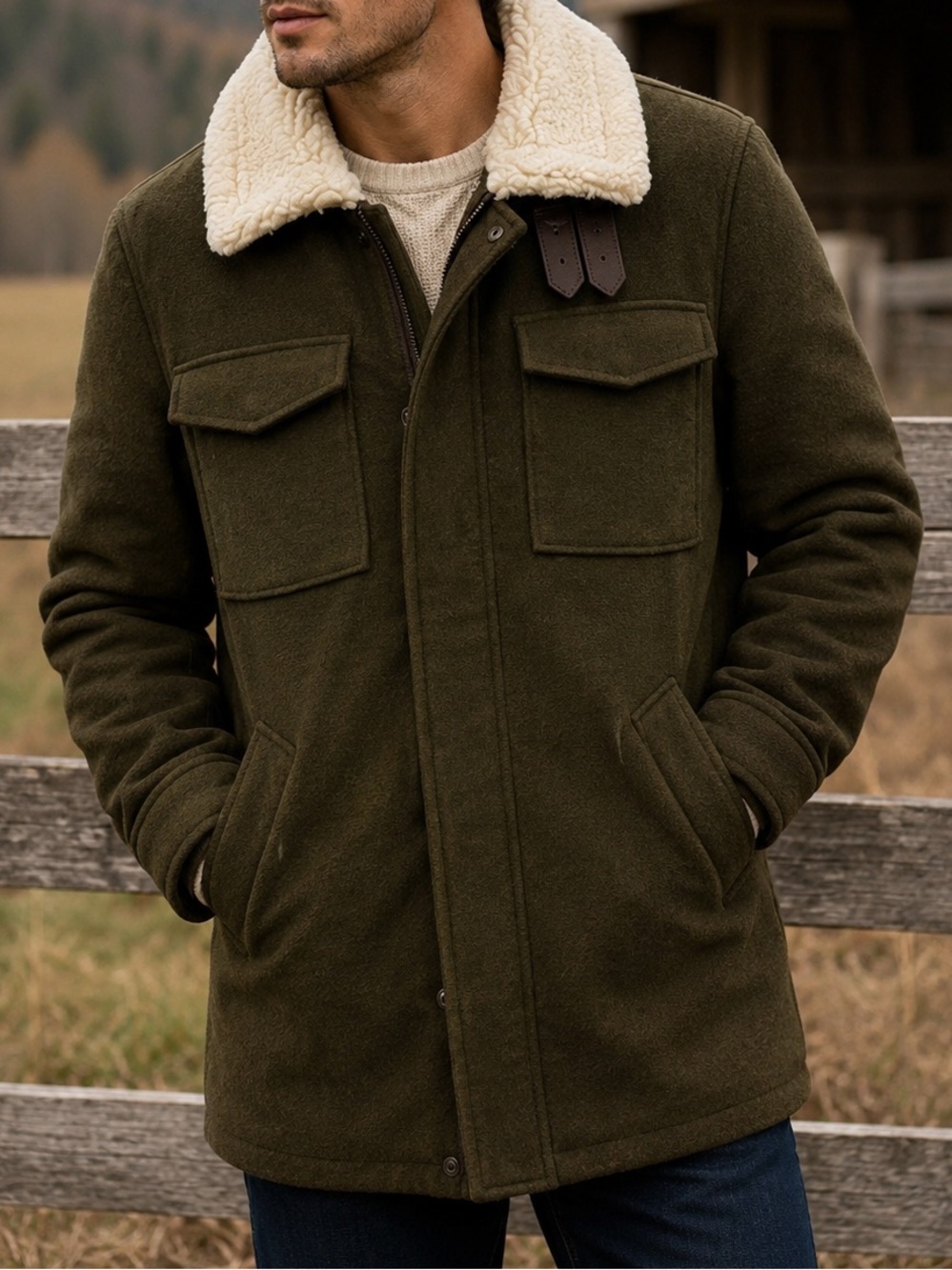 Zara Man Faux Shearling Field Jacket Olive Military Utility Coat Men’s S